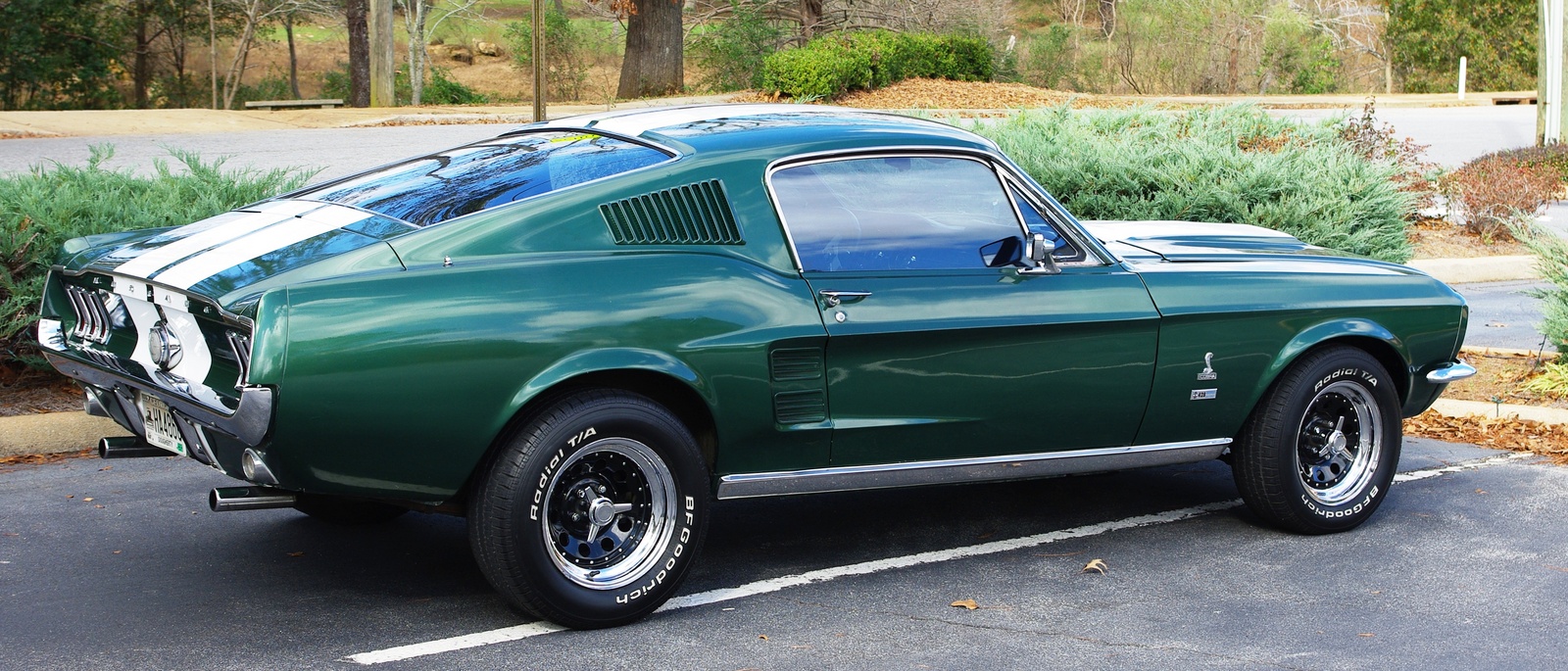 picture of Ford Mustang, 1967, fastback, green, white stripes