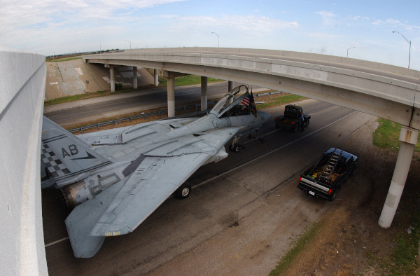 F-14 Tomcat towed on highway in Texas