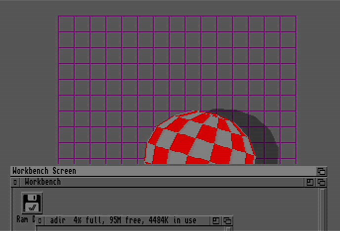 Amiga Boing demo running behind WorkBench